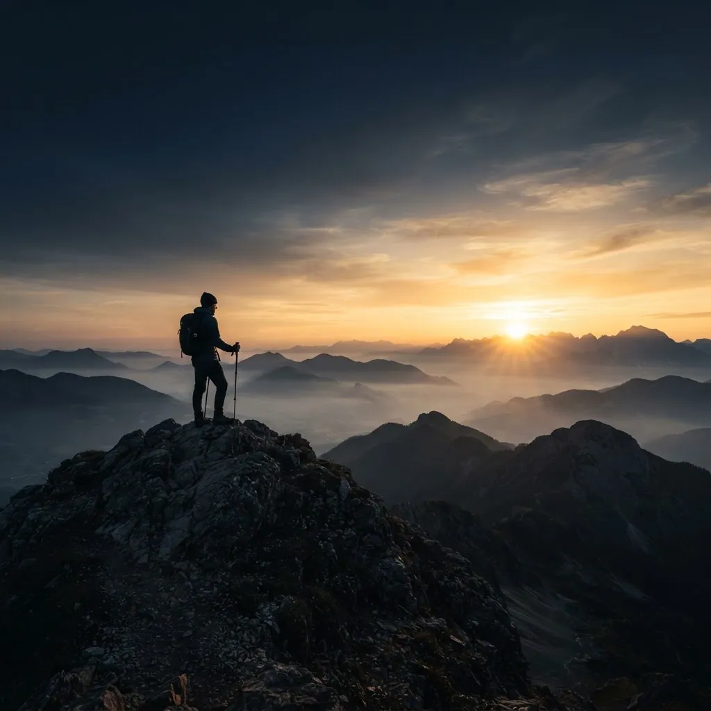 A lone person standing on a mountain summit at sunrise